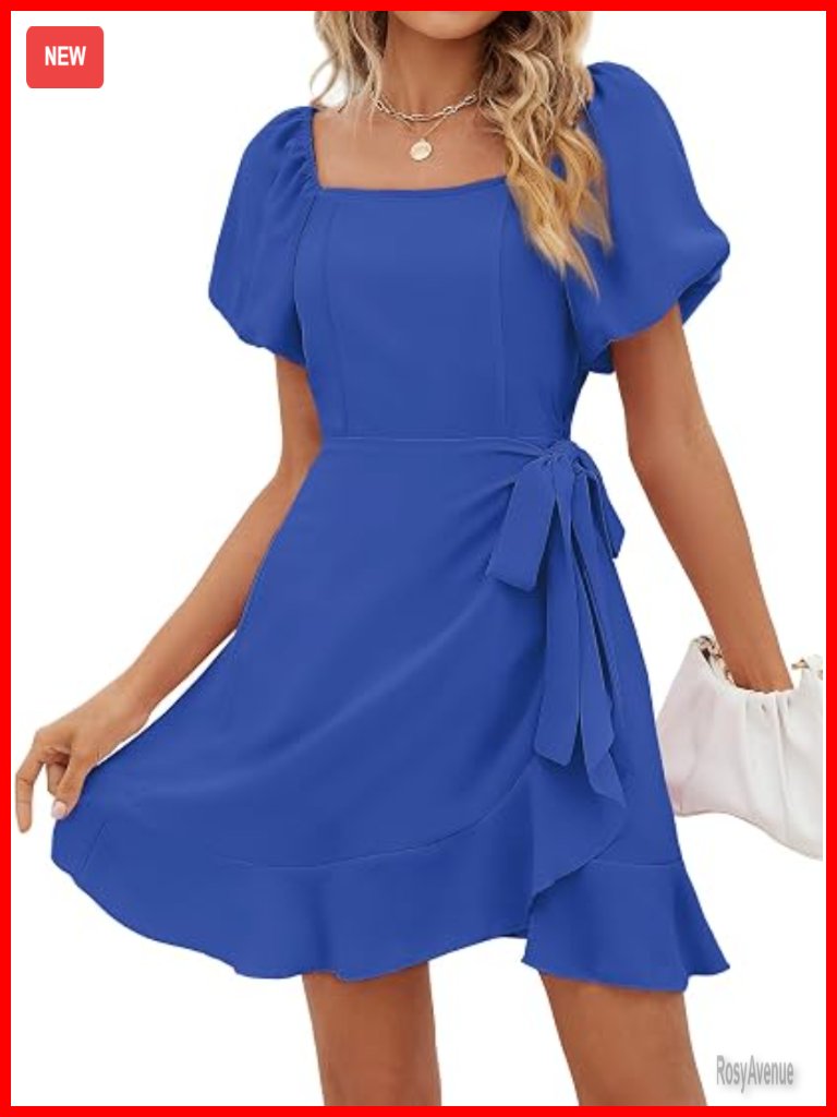 Women's Square Neck Puff Sleeve Tie Waist Mini Dress